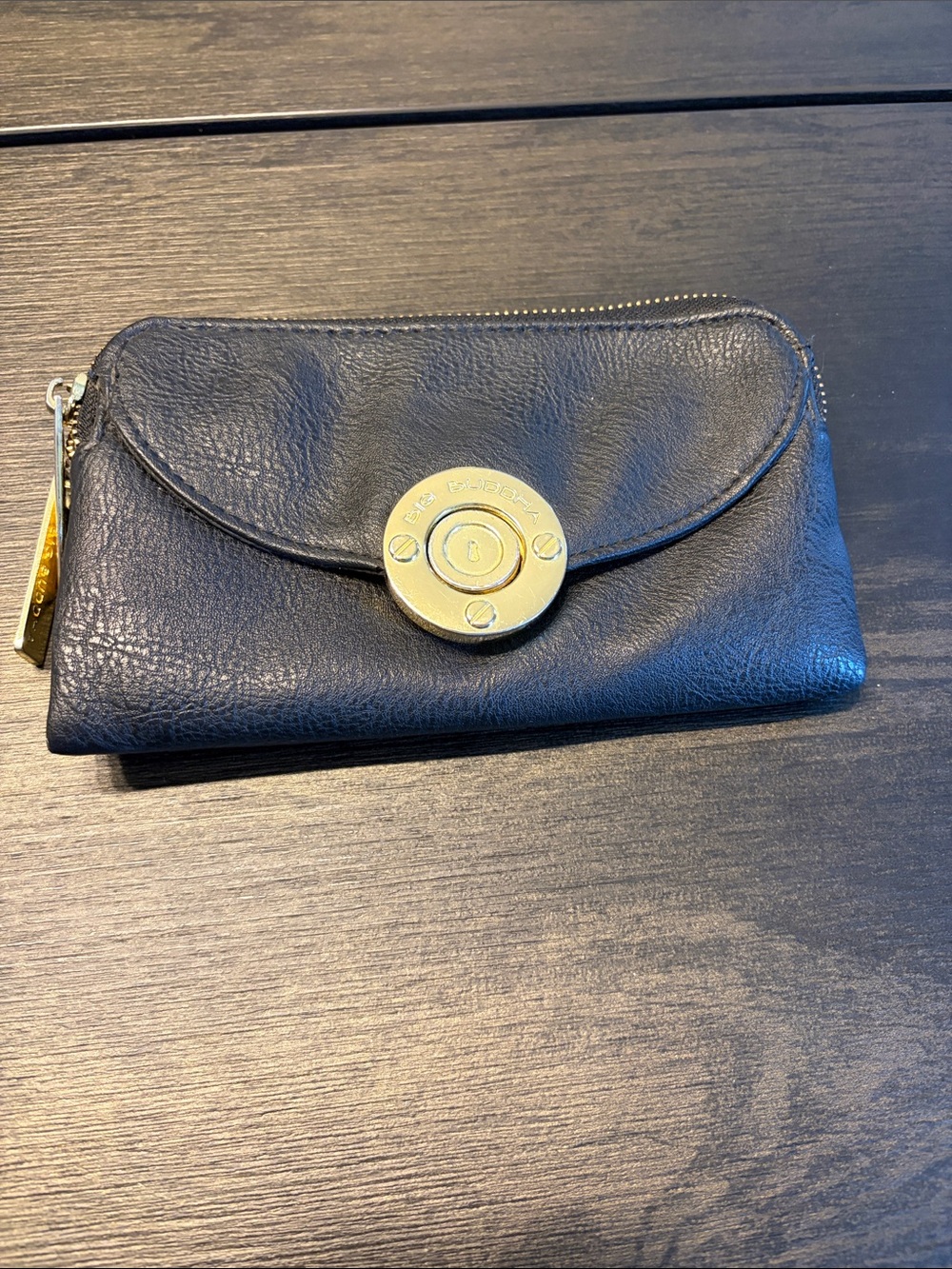 Big Buddha Black Leather Wallet with Gold-Tone Emblem